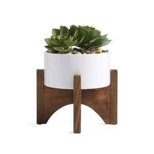 Petit pot de fleurs en céramique avec support en bois, pot de fleurs d'intérieur, pot de fleurs moderne minimaliste, support décoratif pour bureau, maison - Product Image 1