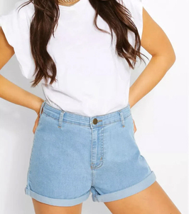 Shorts de mezclilla de cintura alta elásticos para mujer 2026, shorts azules de mezclilla con dobladillo plegado, shorts de mezclilla para mujer - Product Image 5