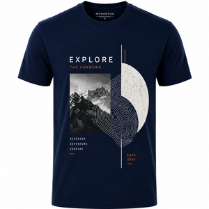 Camiseta de Manga Corta Azul Marino para Hombre MOMENTUM, Cuello Redondo, Corte Regular, Estampado por Transferencia de Calor, Ecológica, 100% Algodón, Explora lo Desconocido - Product Image 1