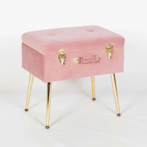 <b>Grey</b> Velvet Trunk Ottoman Features Tufted Top, Golden Latches And Sleek Metal Legs High Quality For Luxurious Home <b>Storage</b> - Product Image 2