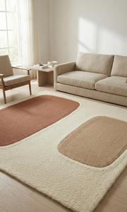 Modern Abstract <b>Block</b> Wool Square Medium Pile Area Rug Soft Tufted Anti-Slip Cream Terracotta Beige for Living Room Bedroom - Product Image 4