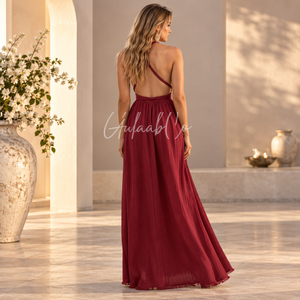 Robe longue bordeaux à col licou, décolleté plongeant, ceinture tressée à la taille, tissu fluide et doux, fente latérale, pour l'été, la plage, les soirées et les fêtes - Product Image 4