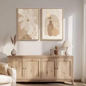 Décoration Murale Florale Bohème Neutre Faite à la Main Encadrée pour Chambre à Coucher, Ensemble de 2 Vases à Fleurs Beige, Impression UV sur Toile Minimaliste Bohème - Product Image 3