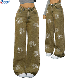 Pantalon Baggy Femme Personnalisé avec Strass, Taille Haute, Style Tendance, Jean Ample Droit en Denim pour Femme, Nouvelle Collection Automne - Product Image 1