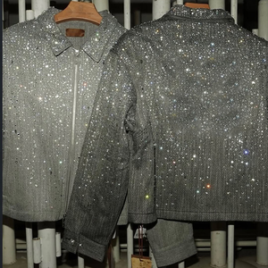 Chaquetas de lona de algodón con cremallera y pedrería de diamante con estampado completo personalizadas para hombre, ropa de calle y abrigos. - Product Image 2