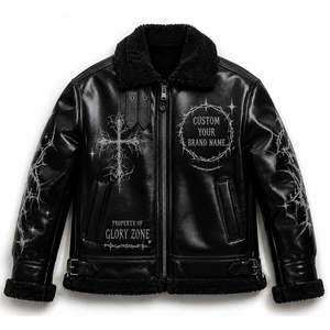 Custom Men's Black Leather Biker <b>Jacket</b> With Cross Print <b>Sherpa</b> <b>Lined</b> Winter Moto <b>Jacket</b> Zipper Closure For Unisex - Product Image 1
