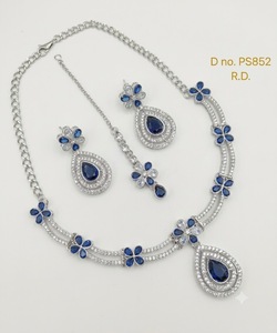Silver Plated Teardrop Stone Necklace <b>Set</b> With Dangle Earrings And Tika Floral Cubic Zirconia Party Wear Jewelry <b>Set</b> Collections - Product Image 1