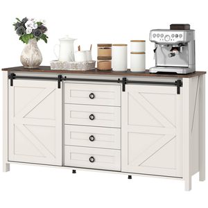Buffet de style farmhouse en blanc crème vieilli de 60 pouces avec tiroirs réglables et portes coulissantes pour le rangement de la cuisine - Product Image 1