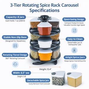 Multi-functional Rotating Kitchen Spice Rack with 12 Glass Seasoning <b>Jars</b> for Storing Various Seasonings - Product Image 2