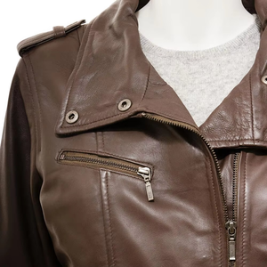 Women's Brown Genuine Leather Moto Jacket Full Sleeve <b>Stand</b> Collar Zipper Closure Long Length Windproof Autumn Wear - Product Image 5