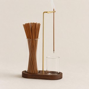 Ensemble moderne de porte-encens en bambou avec récipient en verre et support métallique pour l'aromathérapie – Brûleur d'encens inversé - Product Image 1