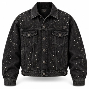 Chaqueta de Mezclilla Negra Lavada para Hombre con Decoración de Remaches, Cuello Camisero, Estilo Casual, para Otoño - Product Image 1