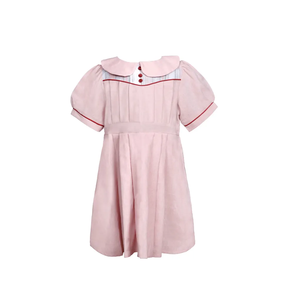 नई आगमन उच्च गुणवत्ता ग्रीष्मकालीन अवकाश बच्चों के कपड़े विंटेज बेबी गर्ल प्लीटेड 3 बटन लिनन ड्रेस गुलाबी छोटी आस्तीन