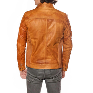 Veste en cuir marron pour homme, coupe ajustée décontractée, fermeture éclair, col rabattu, pour l'automne - Product Image 6