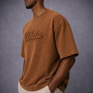 T-shirt vintage brodé tendance en gros, personnalisé avec logo de marque, pour homme, à manches courtes, en coton épais délavé à l'acide - Product Image 3