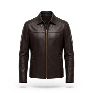 Veste de moto en cuir véritable marron foncé pour homme, col montant, fermeture éclair, coupe ajustée, en cuir souple de qualité supérieure, idéale pour l'hiver - Product Image 1