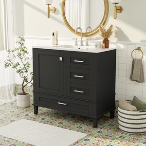 Modern 36\" Black Bathroom Vanity Solid <b>Pine</b> Frame with 1 Soft-Close Door and 3 Drawers Efficient Storage <b>Cabinet</b> - Product Image 4