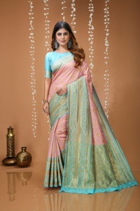 AARA Fashion Sari indien traditionnel en soie PINK PARI-400 Rose Turquoise avec broderie Zari, protection solaire, pour occasions de mariage, pour femme, longueur au sol - Product Image 1