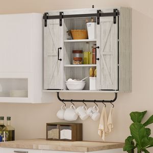 Armadio di stoccaggio a 3 livelli in legno grigio rustico Vintage con due porte da fienile scorrevoli per cucina soggiorno fattoria decorativo - Product Image 3