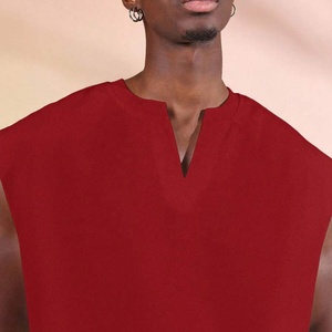 Summer Sportswear Short Solid Jersey V-neck Sleeveless Breathable T-shirt For <b>Men</b> Cotton Maroon Loose Fit 260gms Sleeveless <b>Top</b> - Product Image 3