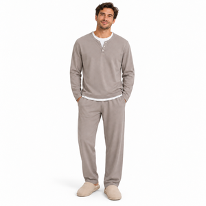 Men <b>Henley</b> Pajama Set <b>Long</b> <b>Sleeve</b> Sleepwear Two Piece Loungewear Casual Homewear - Product Image 1