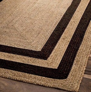 Tapis en jute tissé à la main à poils ras avec bordure blanche, tapis d'intérieur écologique - Product Image 1