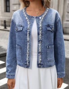 Chaqueta vaquera para mujer con pedrería y estampado floral, transpirable, azul lavado a la piedra, para otoño - Product Image 6