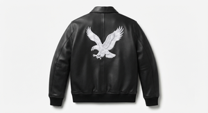 Blouson Bomber Homme en Cuir PU Noir avec Fermeture Éclair, Broderie Aigle, Logo Avant, Poches sur les Manches, Vêtement d'Extérieur Décontracté pour l'Automne - Product Image 3
