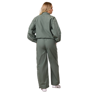 Womens Sage Green Woven Tracksuit Full Zip Jacket and Jogger Pants Set Casual Fitness Activewear Outfit - Product Image 2