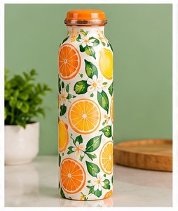 Ethnic Printed White Floral Navy Blue <b>Copper</b> <b>Water</b> <b>Bottle</b> with <b>Copper</b> Lid Eco Friendly Travel Drinkware - Product Image 3