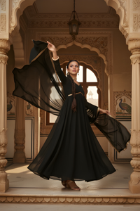 Ensemble Kurta et Dupatta Noir Uni Festif en Tissu Georgette avec Bordure en Dentelle, Manches Longues, Longueur Cheville, pour Grossistes - Product Image 3