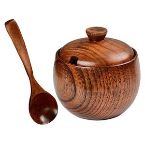 Antique Jujube Wood Seasoning <b>Jar</b> With Spoon Lid Handcrafted Round Kitchen Salt Sugar Storage Container Eco Friendly Pantry Case - Product Image 3