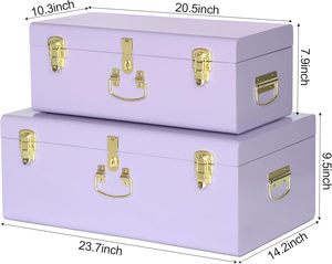 Lilac Purple Decorative Metal Trunk Set Vintage Style <b>Keepsake</b> Storage <b>Boxes</b> with Polished Gold Latches for Bedroom and Nursery - Product Image 2