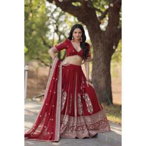 Lehenga Choli de Georgette con Corte Acampanado en Color Granate con Bordado, Vestidos de Noche de LIVEWEAR, 1500g - Product Image 3