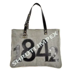 Vintage Tote Bag Leather Handle Shopping Shopper 100 % Cotton Canvas Shoulder Tote Shopping Bags