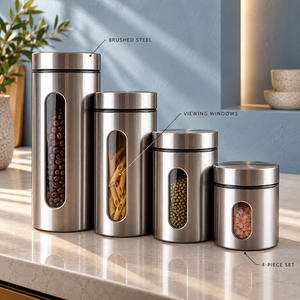 Four Piece Stainless Steel <b>Canister</b> <b>Set</b> with Brushed Finish and Viewing Windows | Modern Kitchen Storage Containers for Dry Food - Product Image 4