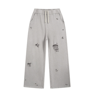 Pantalones Deportivos Personalizados para Hombre, Estilo Desgastado, Cintura Elástica con Cordón, Color Negro, Gris Claro, 100% Algodón, Estilo Felpa - Product Image 2