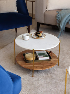 Modern <b>Round</b> <b>Coffee</b> <b>Table</b> Marble Top Metal Frame <b>Wooden</b> Shelf Storage Living Room Furniture Midcentury Design - Product Image 1