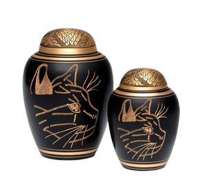 Brass Cremation Pet <b>Urn</b> Set Of 2 Size: 6" 8" Black with Golden <b>Cat</b> Face Engraved With High Quality - Product Image 1