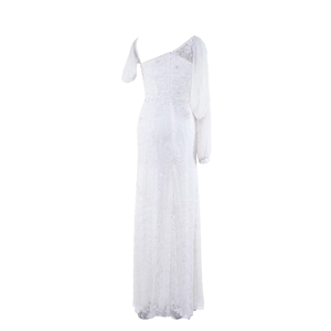 Robe longue élégante blanche à une épaule en dentelle et sequins pour femme |   Robe de soirée à fente haute pour mariage, réception nuptiale, fiançailles, gala - Product Image 3