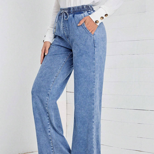 Pantalones vaqueros de mezclilla de cintura alta con cordones para mujer, a la moda, vintage, de pierna ancha y corte recto. - Product Image 4