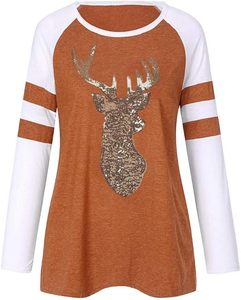 Mens <b>Christmas</b> Sequin Deer Raglan Sleeve Long Sleeve <b>T</b> <b>Shirt</b> Contrast Color Block O Neck Top - Product Image 6