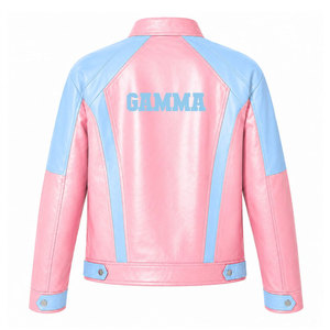 Gamma Phi Delta PU Leather Varsity <b>Jacket</b> Blue & Pink Letter 1943 Print Full Sleeve Zipper Casual Women's <b>Racing</b> <b>Jacket</b> - Product Image 2