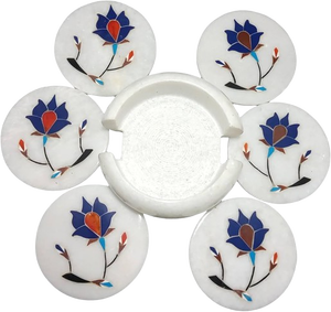 6 pièces. Sous-verre décoratif de table en pierre incrustée de marbre de forme ronde avec support Nouveau design Prix de gros Ustensiles de cuisine Sous-verre à café - Product Image 1