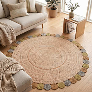 Natural <b>Round</b> Braided Jute Rug with Terracotta Accent Rings for Farmhouse Interior Styling - Product Image 3
