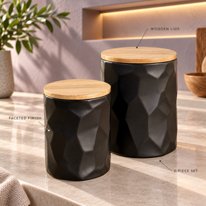 Two Piece Black Faceted Ceramic <b>Canister</b> <b>Set</b> with Natural Wooden Lids | Modern Geometric Kitchen Pantry Storage Jar Organizer - Product Image 4