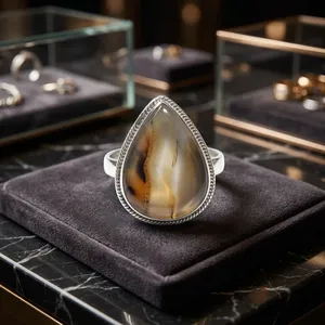 Bague Cocktail en Argent 925 avec Agate Naturelle de Montana Forme Poire, Style Bohème, Bijou Unisexe Tendance, Idéal pour le Quotidien et Cadeau - Product Image 4