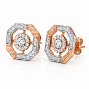 Pendientes de Oro Rosa con Diamantes, Corte Brillante Redondo, Diseño Geométrico de Halo, Joyería Fina de Lujo para Mujer - Product Image 2