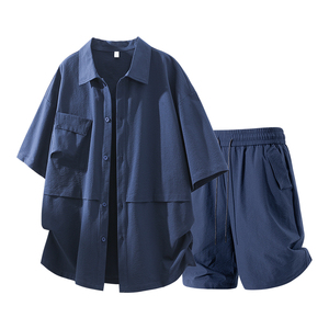 Ensemble chemise décontractée d'été 2 pièces pour homme, col carré, manches courtes, 100 % coton, motif floral, tissu tricoté 180G - Product Image 4
