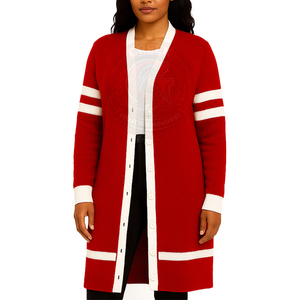 Cárdigan largo de punto rojo personalizado de la hermandad Delta Sorority con rayas blancas, suéteres para mujer con logo de letras griegas, manga larga con botones, estilo preppy. - Product Image 3
